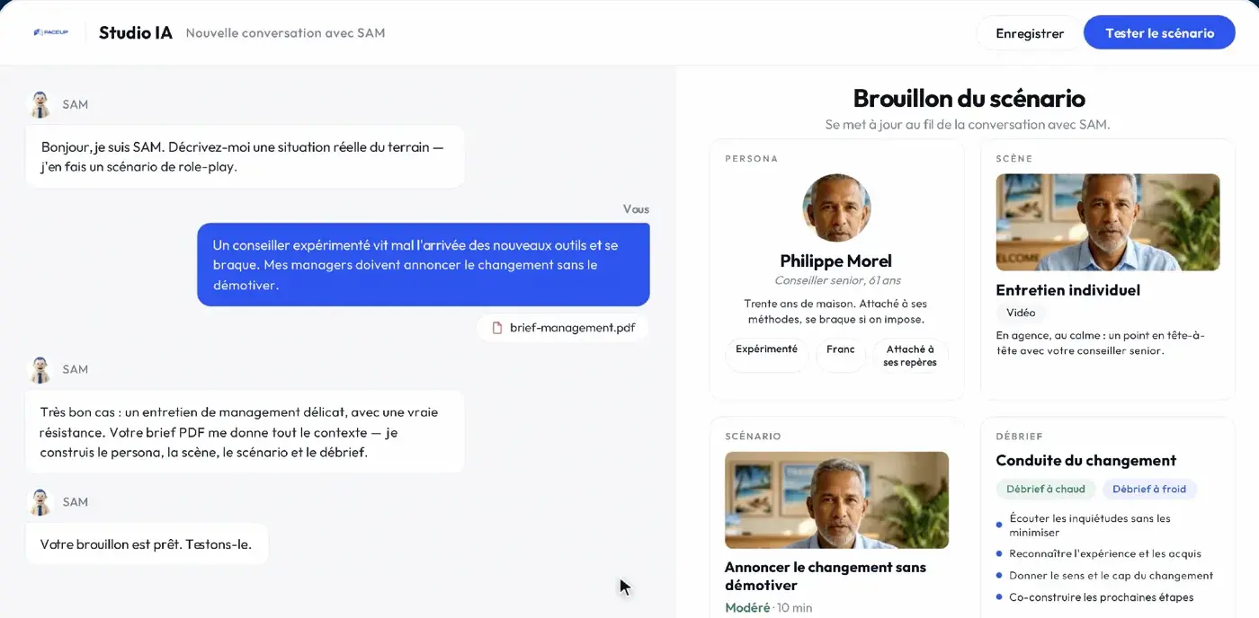 Le Studio IA de Face Up : une conversation avec SAM et le brouillon du scénario